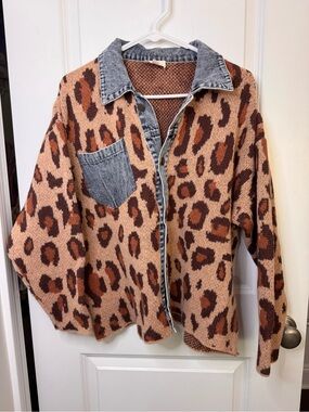 BiBi Brown/Tan Leopard Knit Jacket with Denim Trim
